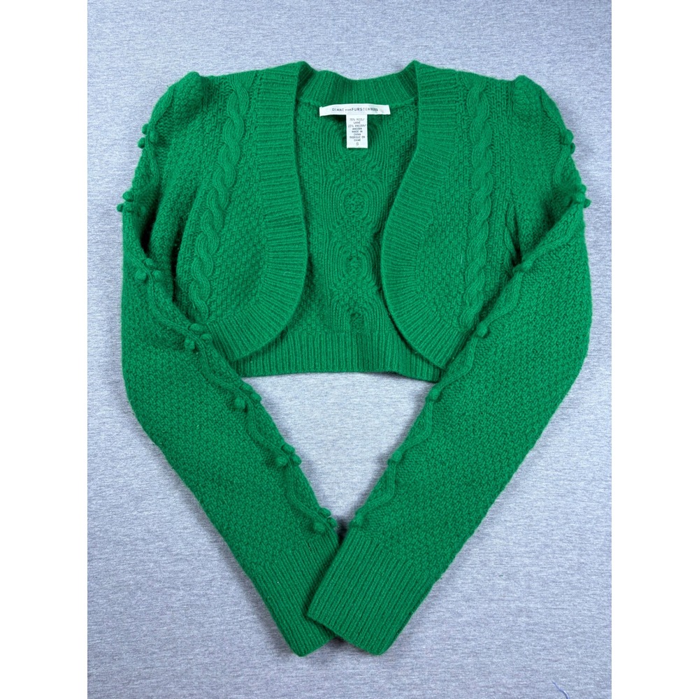 Diane von Furstenberg Cableknit Cardigan S Green Wool Angora Cropped Shrug